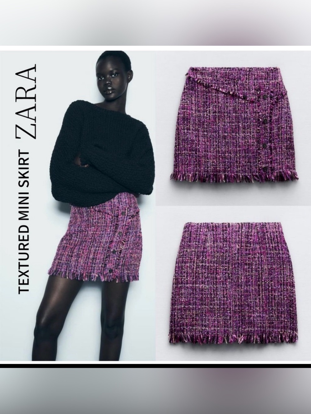 Zara Purple Tweed Fringe Mini Skirt